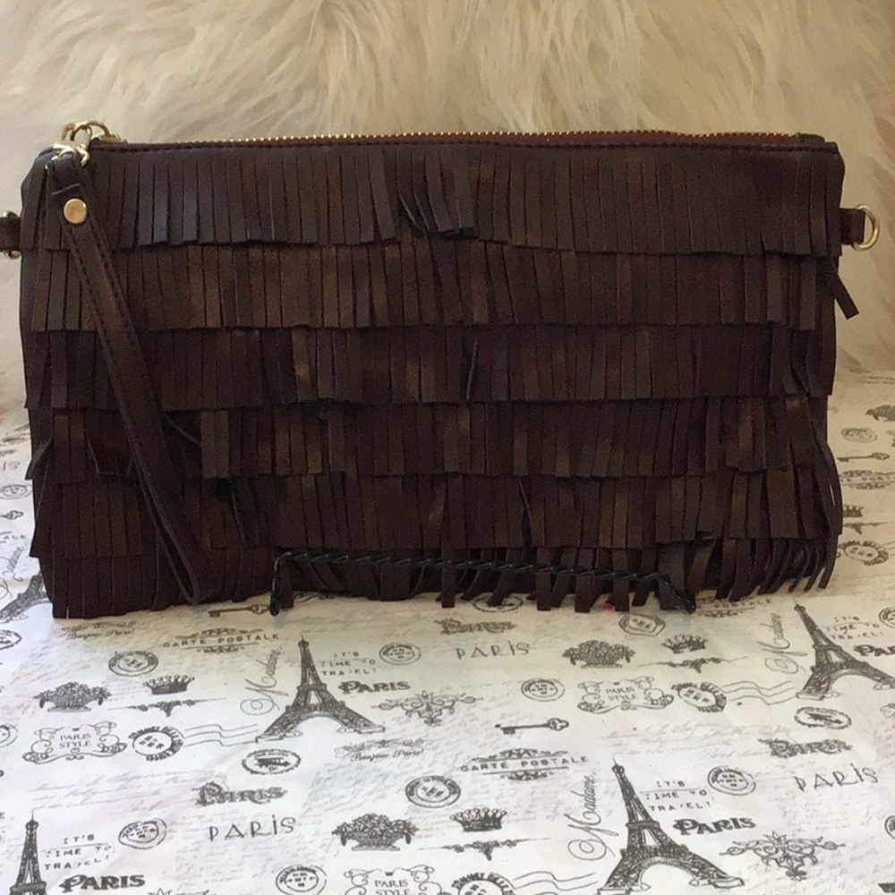 Street Level Burgundy Fringe Clutch